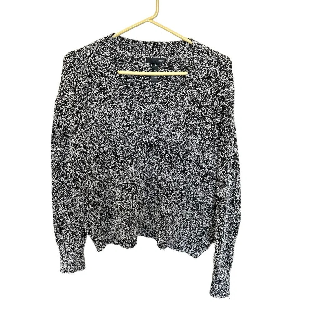 Aqua Mohair Wool Blend Fuzzy Marled V Neck Sweater Black White Relaxed M